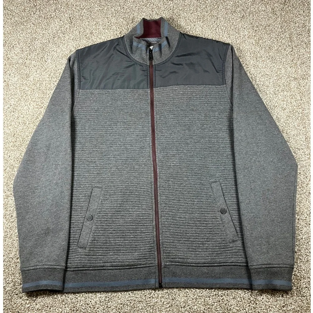 Ted Baker London Mens Grey Ribbed Full Zip Jacket Nylon Yoke Size 5 XL